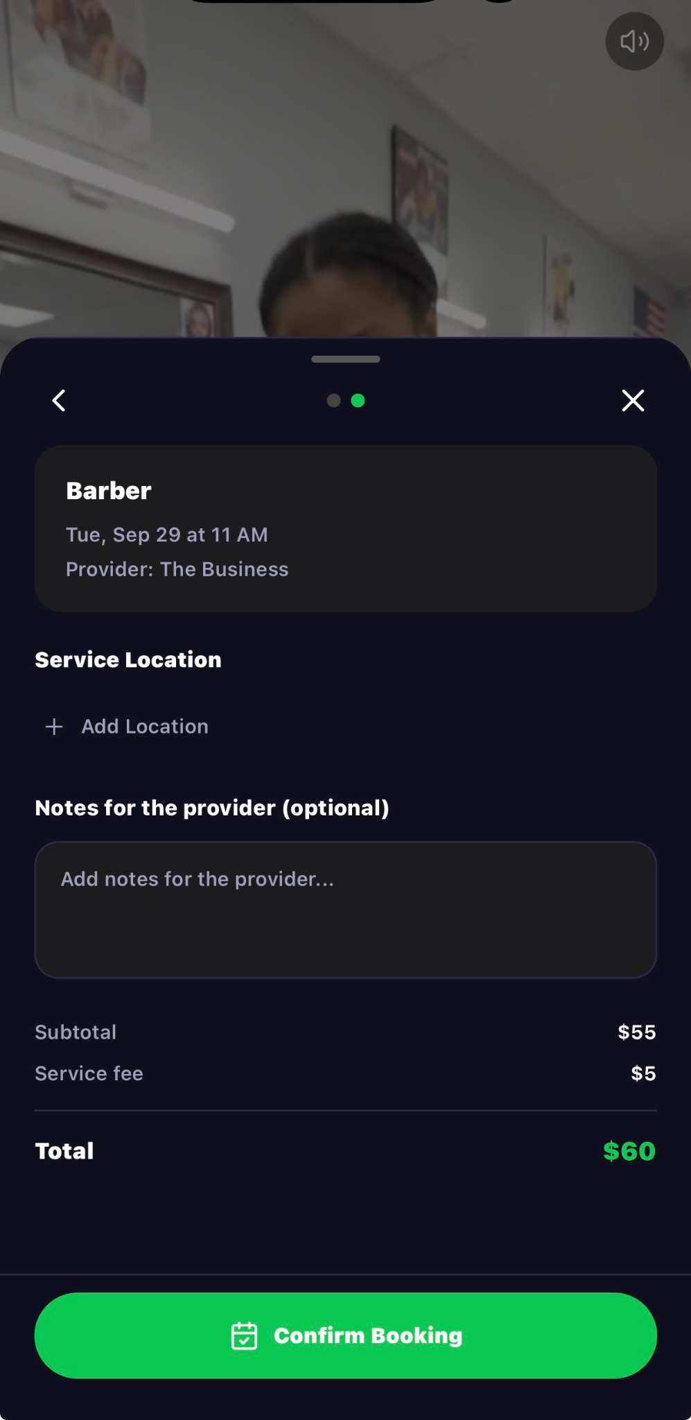 Barber service booking menu showing the time, location, notes, total, and confirm button