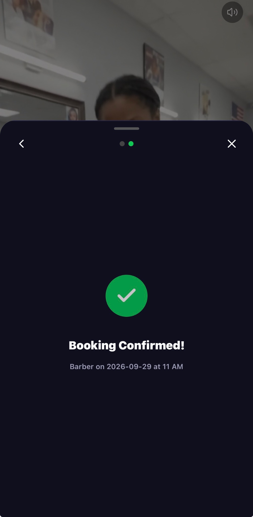 Confirmation for the barber booking shown in the previous card